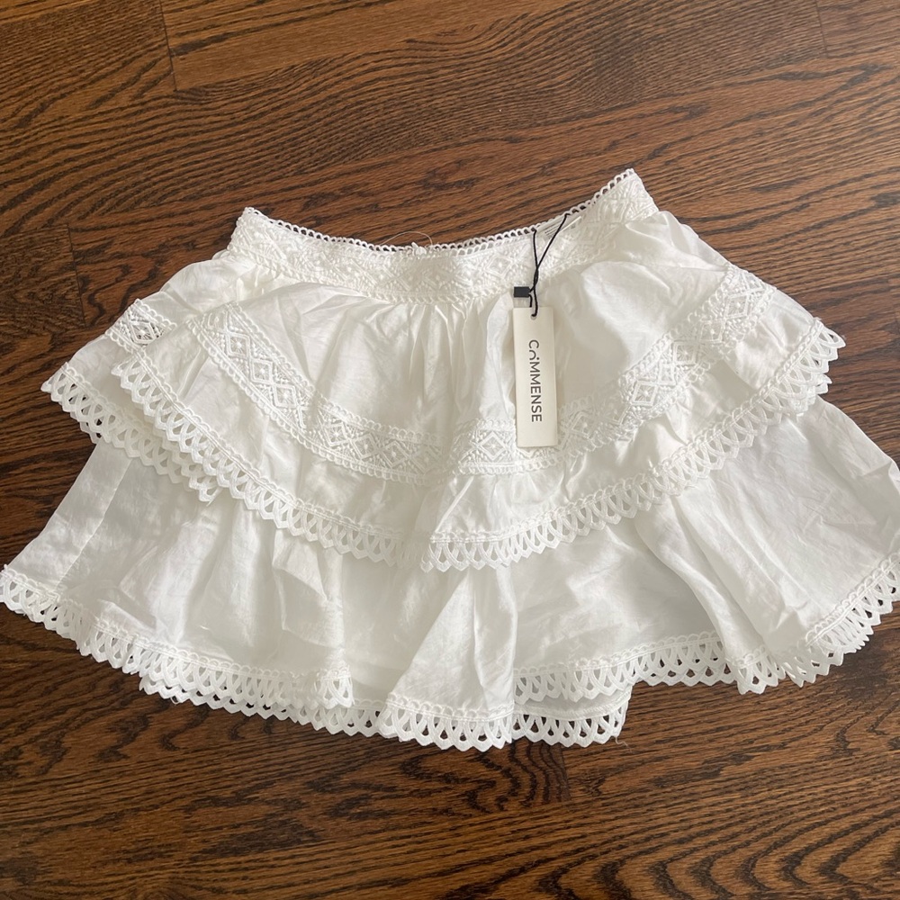 Commense Cotton White Lace Tiered Mini Skirt